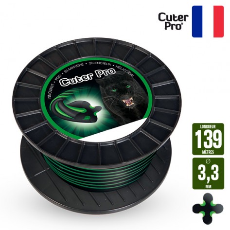 Fil d&eacute;broussailleuse H&eacute;licoidal Cuter' Pro noir/vert. 3,3 mm x 139 m. Bobine