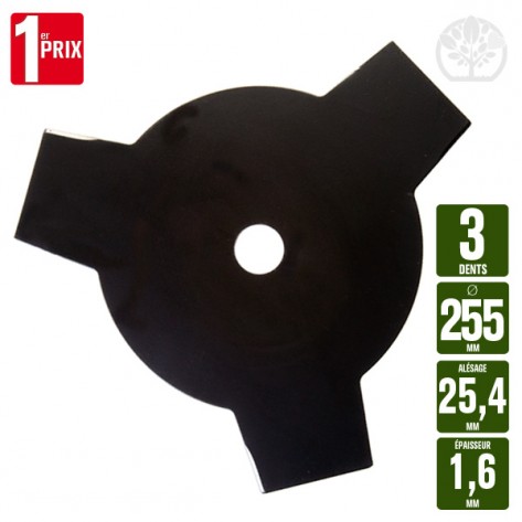 Lame disque d&eacute;broussailleuse 3 dents. &Oslash; 255 mm. Al 25,4 mm. Ep 1,6 mm