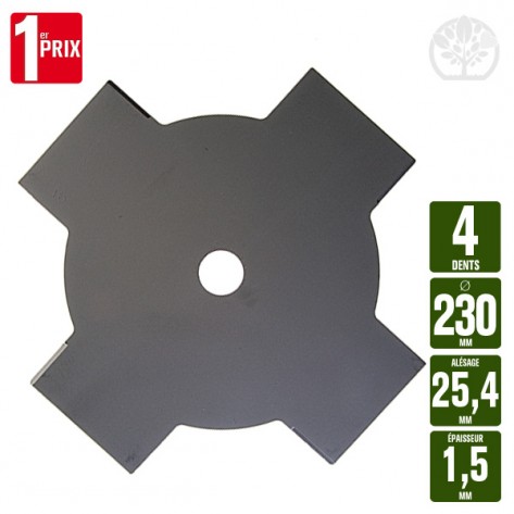 Lame disque d&eacute;broussailleuse 4 dents. &Oslash; 230 mm. Al 25,4 mm. Ep 1,5 mm