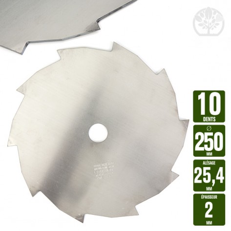 Lame disque d&eacute;broussailleuse 10 dents. &Oslash; 250 mm. Al 25,4 mm. Ep 2 mm