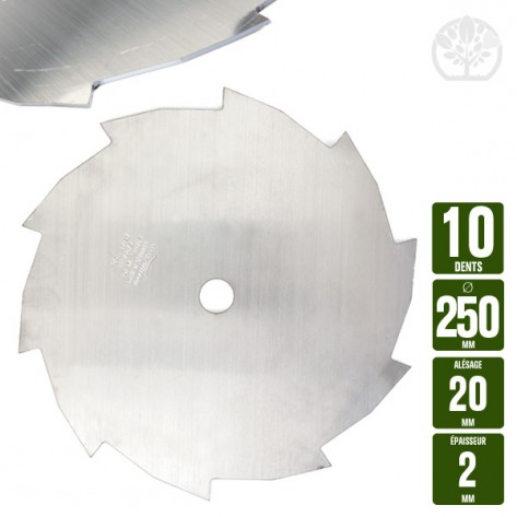 Lame disque d&eacute;broussailleuse 10 dents. &Oslash; 250 mm. Al 20 mm. Ep 2 mm