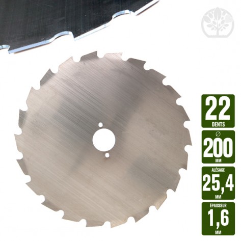 Lame disque d&eacute;broussailleuse 22 dents &agrave; gouges &Oslash; 200 mm. Al 25,4 mm. Ep 1,6 mm