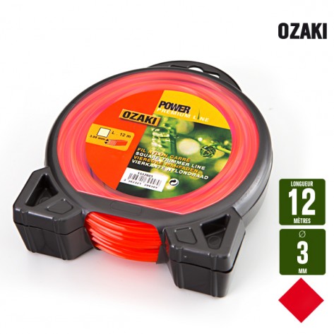 Fil d&eacute;broussailleuse carr&eacute; Ozaki rouge. 3 mm x 12 m. Coque