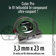 Fil débroussailleuse Hélicoidal Cuter' Pro noir/vert. 3,3 mm x 23 m. Coque