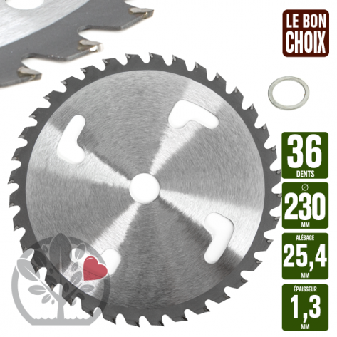 Lame d&eacute;broussailleuse carbure 36 dents tungst&egrave;ne &Oslash; 230 mm. Al. 25,4 mm. Ep. 1,3 mm. 4 a&eacute;rations