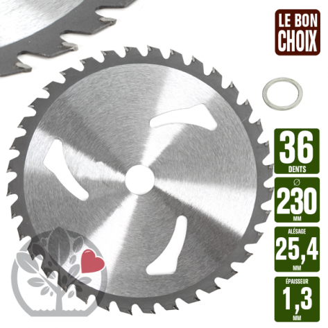 Lame d&eacute;broussailleuse carbure 36 dents tungst&egrave;ne &Oslash; 230 mm. Al. 25,4 mm. Ep. 1,3 mm. 3 a&eacute;rations