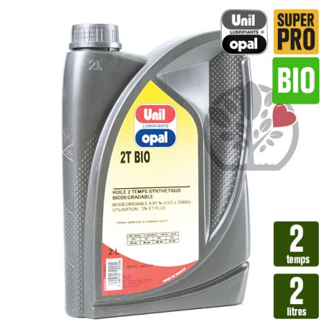 Huile 2 temps, 2 litres Unil Opal Bio. Tondeuse, tron&ccedil;onneuse, d&eacute;broussailleuse