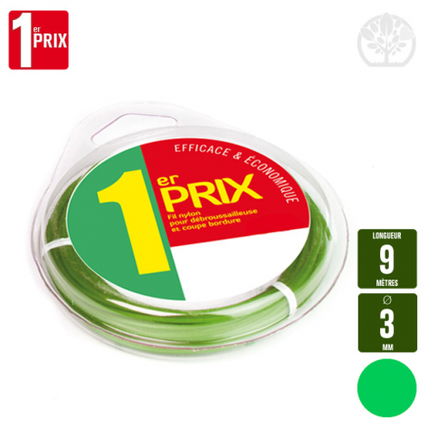 Fil d&eacute;broussailleuse rond 1er Prix vert. 3 mm x 9 m. Coque.