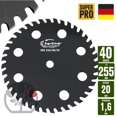 Lame d&eacute;broussailleuse 40 dents &Oslash; 255 Al. 20 mm. 8 a&eacute;rations.  Ergo-Schnitt