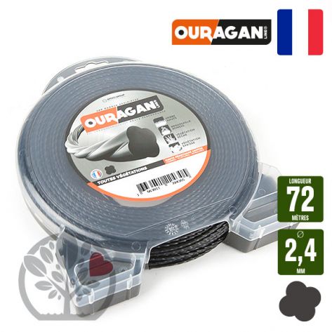Fil d&eacute;broussailleuse Ouragan 2,4 mm x 72 m. Spiral&eacute; noir. Coque 