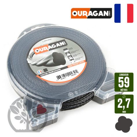 Fil d&eacute;broussailleuse Ouragan 2,7 mm x 59 m. Spiral&eacute; noir. Coque 